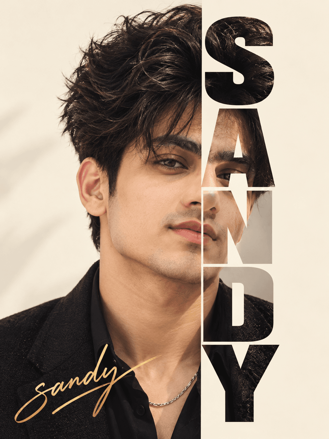 Typographic portrait with the left half of a face visible, bold vertical SANDY lettering on the right, and a handwritten gold signature on cream.