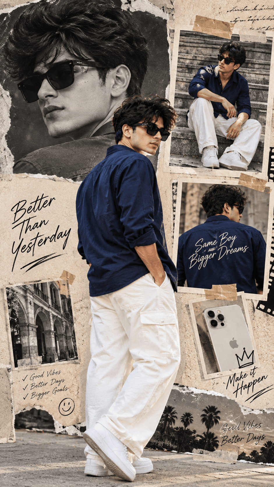 Streetwear collage featuring a man in a navy shirt, white baggy trousers and sneakers, with monochrome portraits, taped photos and beige scrapbook paper.
