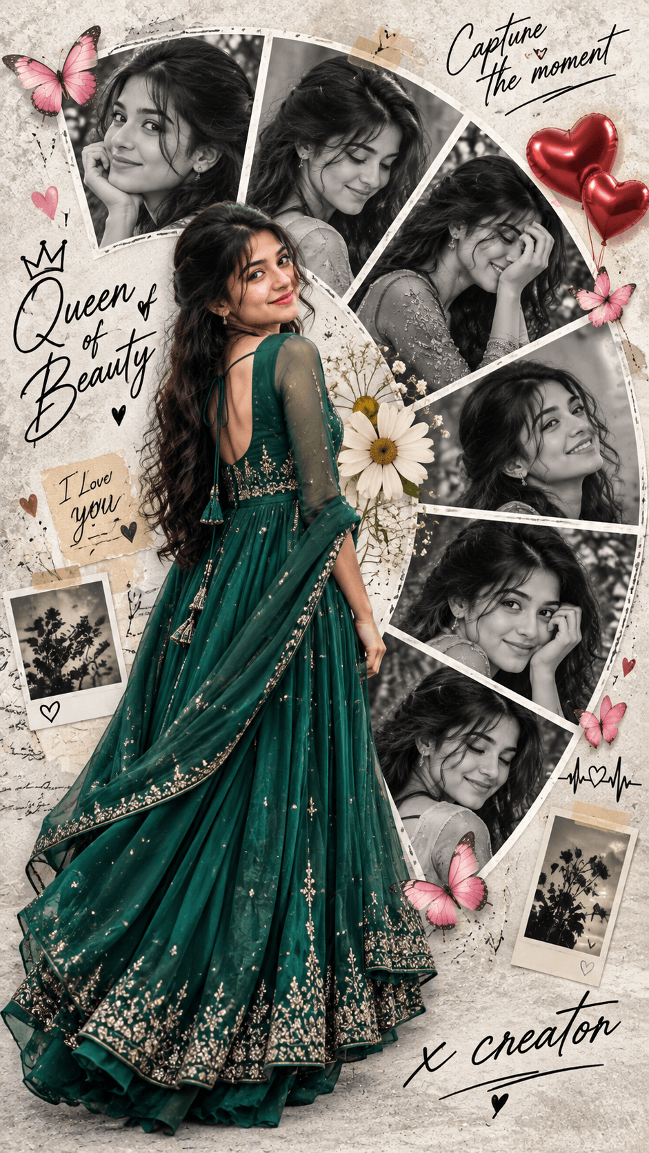 Woman in a peacock-green embellished frock surrounded by curved black-and-white portraits, pink butterflies, red hearts and romantic lettering.