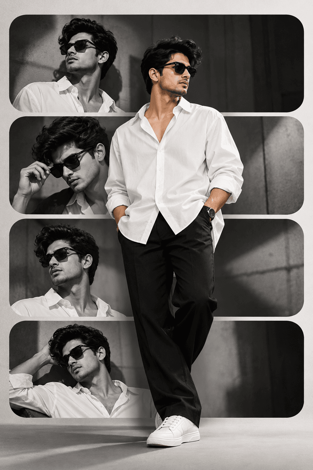 A man in a white oversized shirt, black trousers and sunglasses stands before four rounded panels of monochrome fashion portraits.