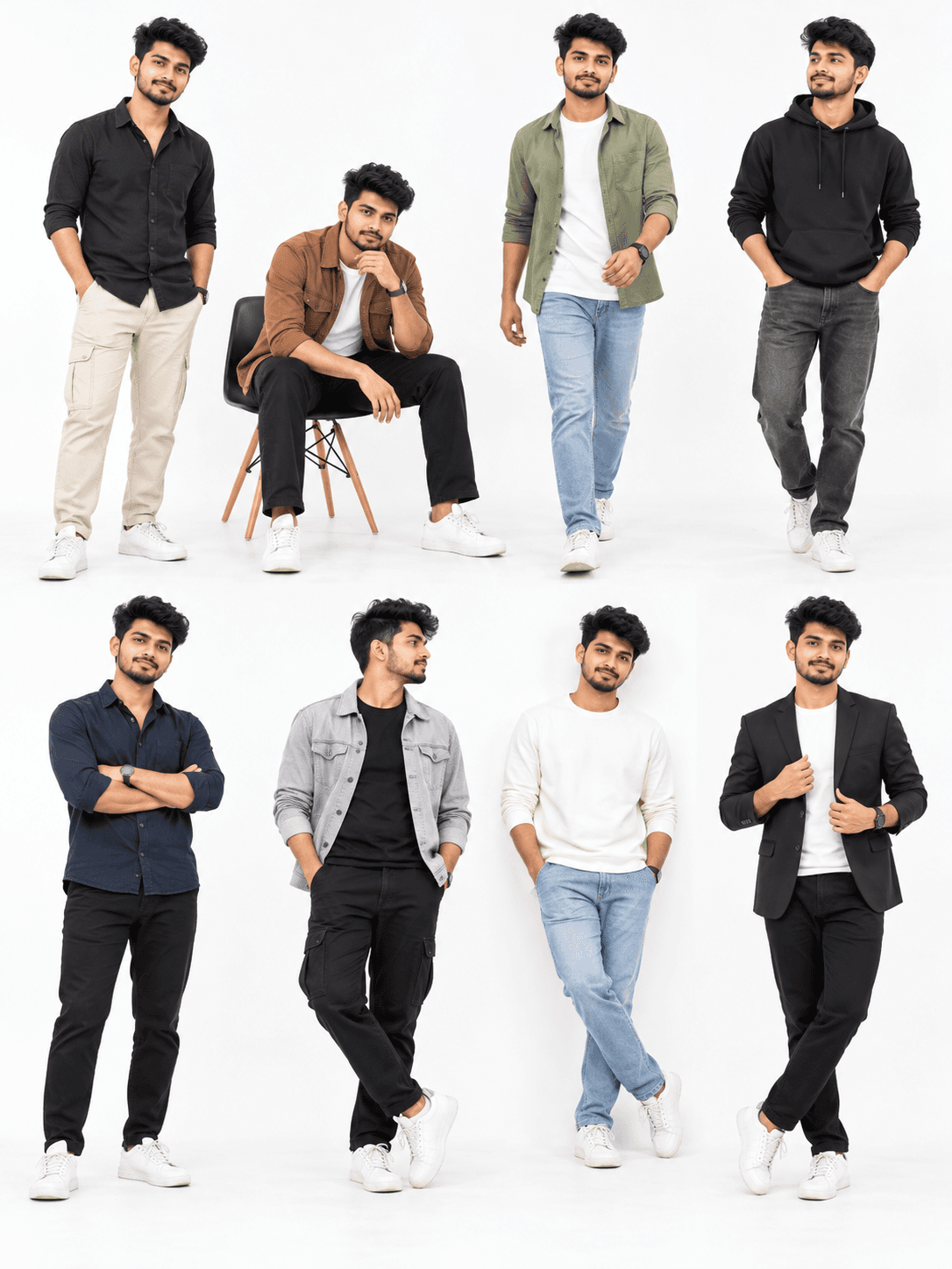 Eight full-body versions of a young Indian man in different fashion poses arranged in a seamless white studio collage.
