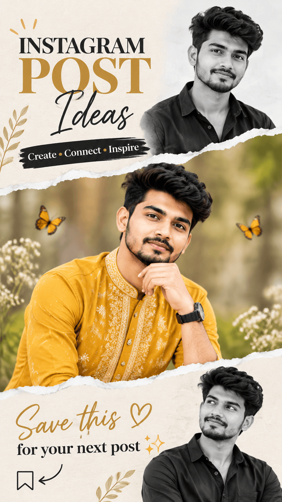 Editorial collage with three portraits, torn-paper edges, mustard-yellow traditional clothing, and ivory and gold Instagram typography.