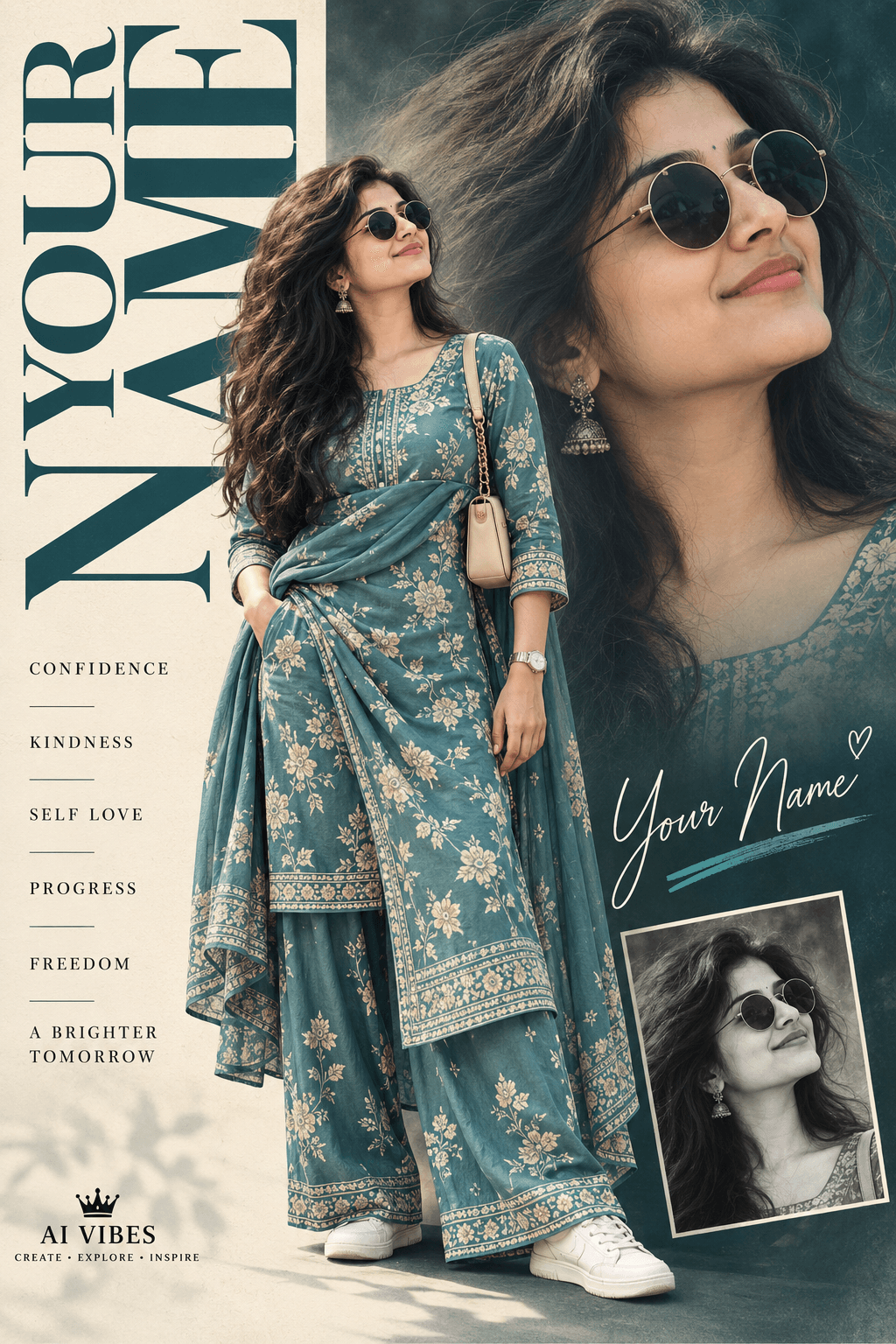 Stylish Indian woman in a dusty-teal floral suit with sunglasses, shown in a full-body portrait and a large editorial close-up.