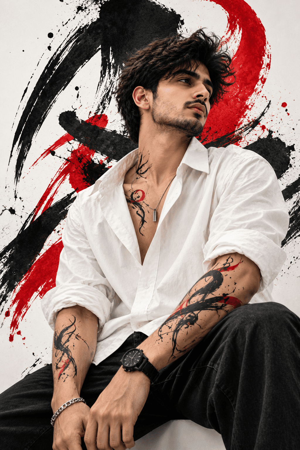 Male fashion model in an oversized white shirt with black calligraphic tattoos and red brushstrokes on a white background.