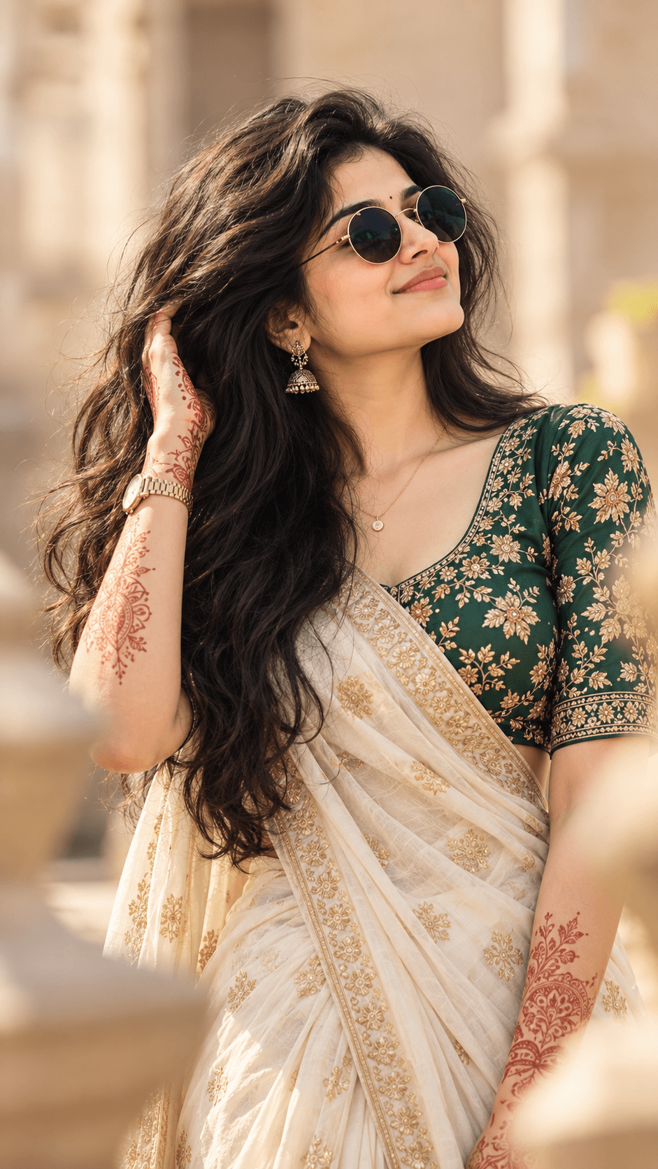 Indian woman wearing an emerald embroidered blouse and cream saree with gold jewellery, round sunglasses, and red mehndi.
