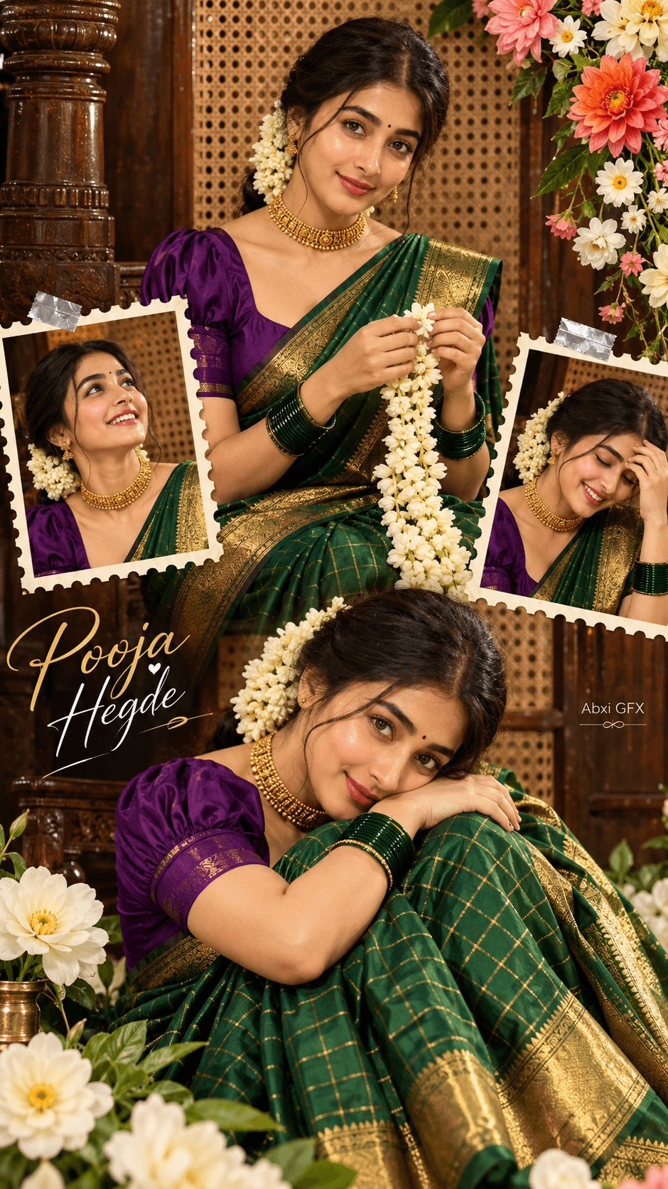 A woman in a purple blouse and green silk saree with gold borders, jasmine flowers in her hair, gold jewellery and floral portrait collage.