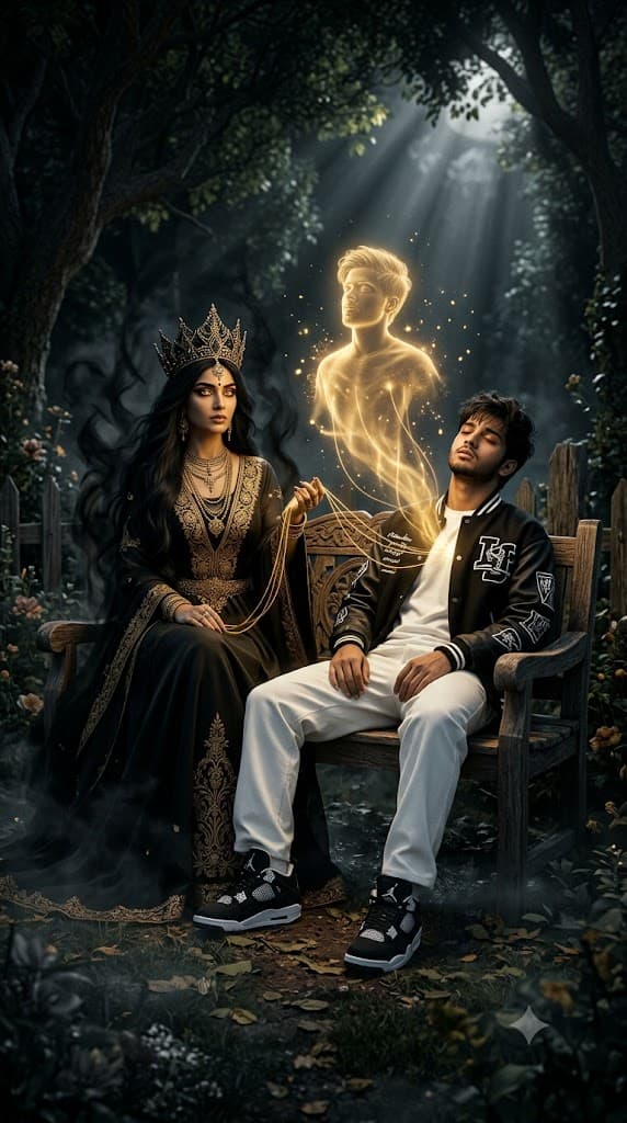 Young man in black varsity jacket slumped on a wooden garden bench at night as a gold-crowned goddess draws a golden soul