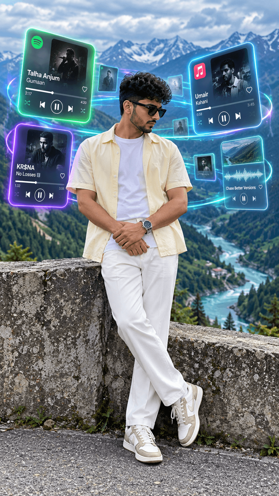 Stylish man in a cream shirt and white trousers standing against a mountain ledge surrounded by glowing holographic music player panels.