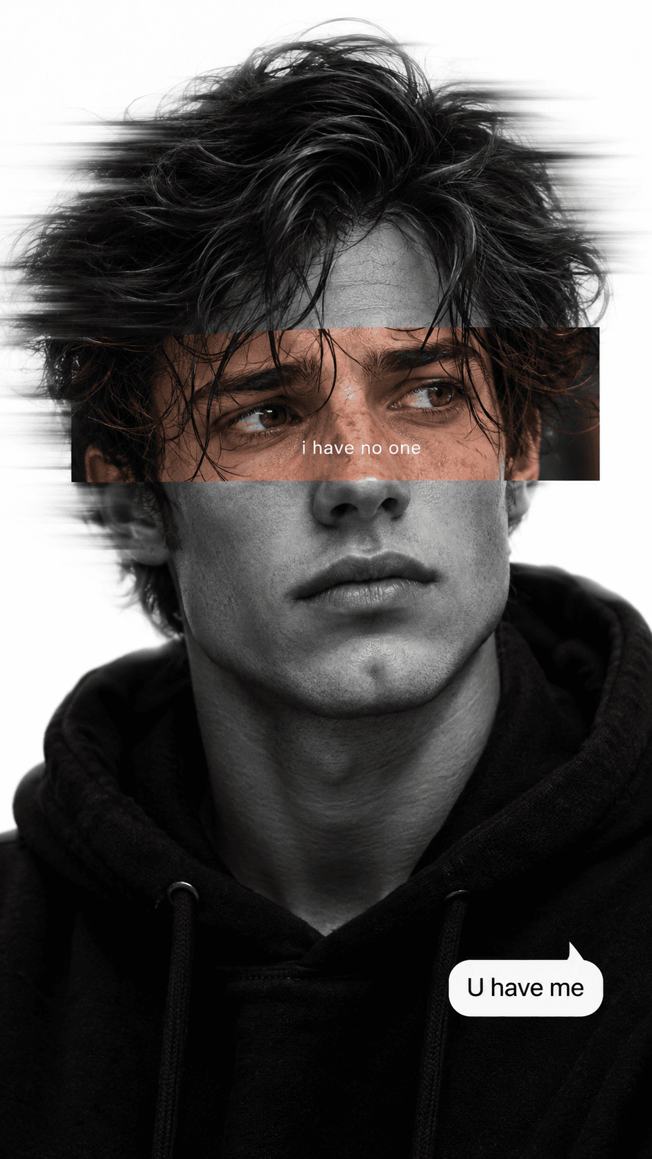 Young man in a black hoodie, grayscale face, warm-colour eye strip, and two white speech bubbles against white.