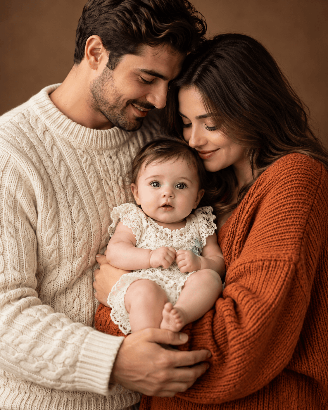 Young parents in cream and rust-orange sweaters cuddle their baby in a white lace onesie against a warm brown studio background.