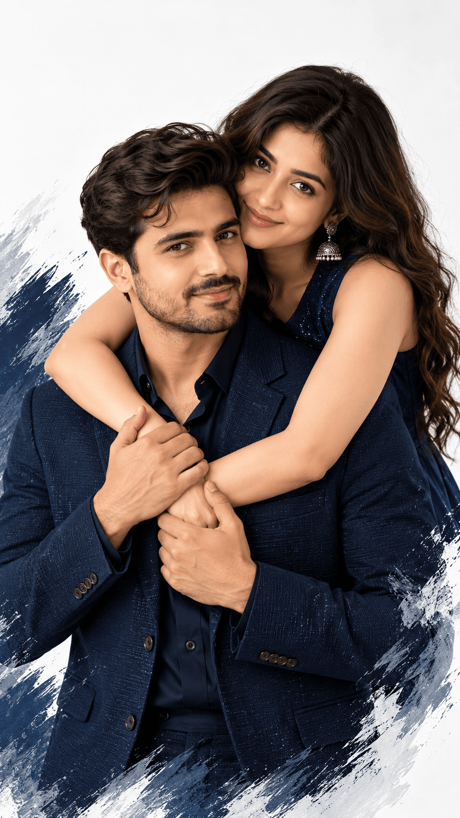 Romantic Indian couple in coordinated navy-blue outfits, with the woman embracing the man against a white background with blue-grey brush strokes.