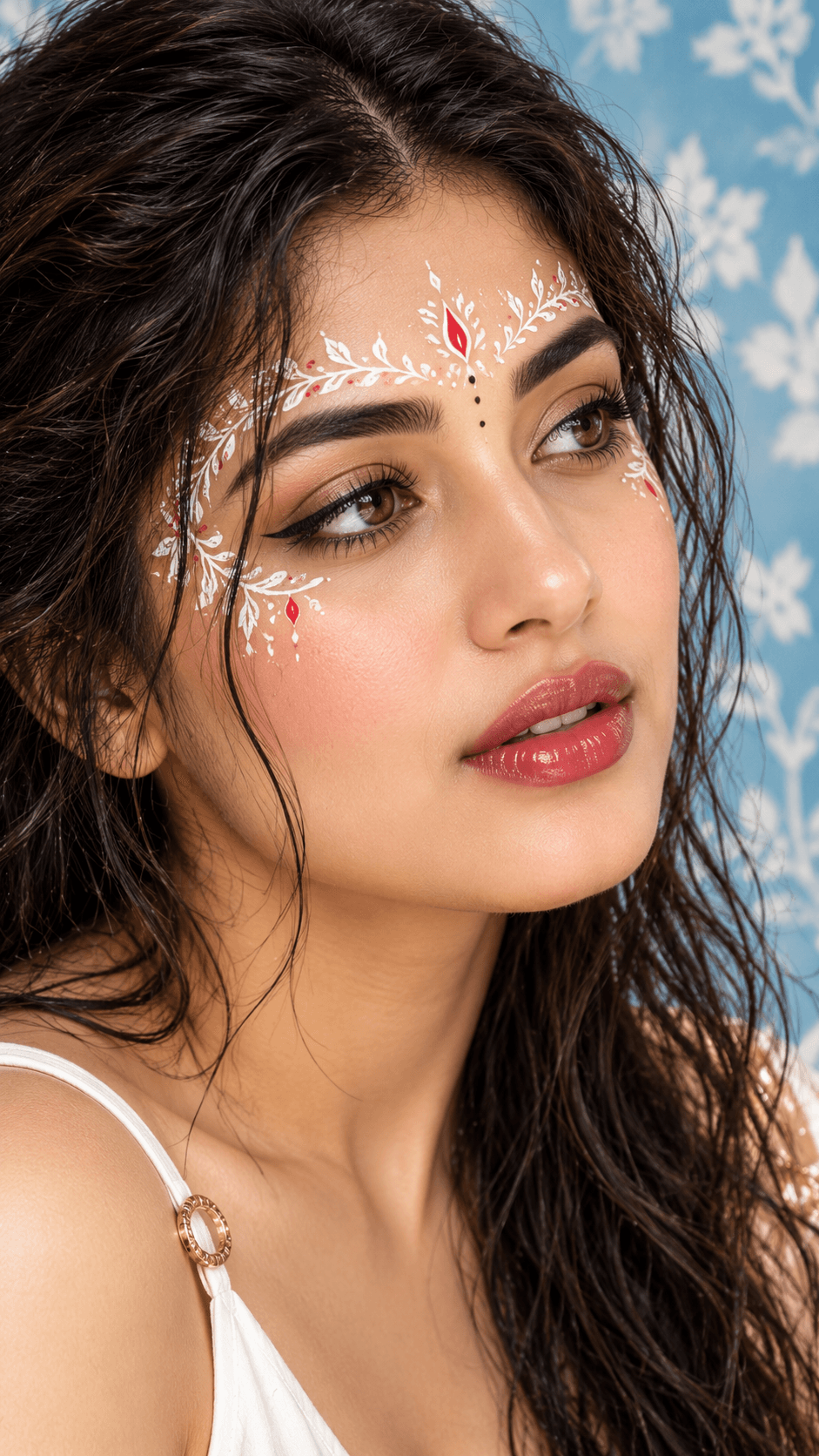 Indian woman with glossy dark hair, white floral face painting, red forehead accents, winged eyeliner and rose-red lips against a pastel-blue background.