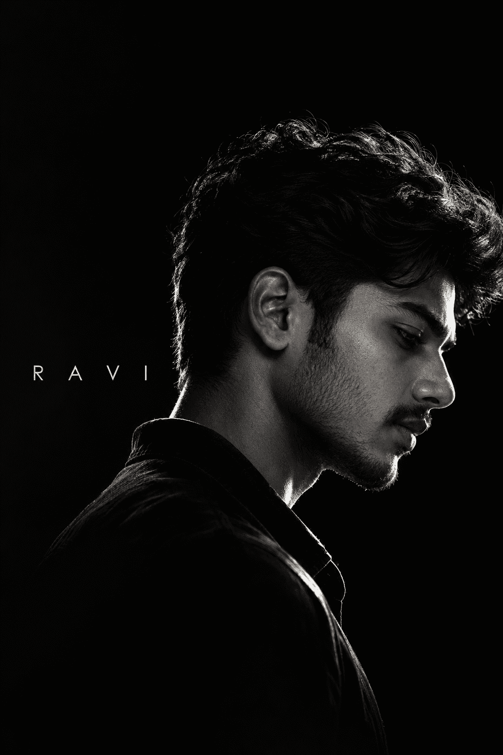 A dramatic black-and-white side-profile portrait with silver rim lighting and the widely spaced title R A V I on a black background.