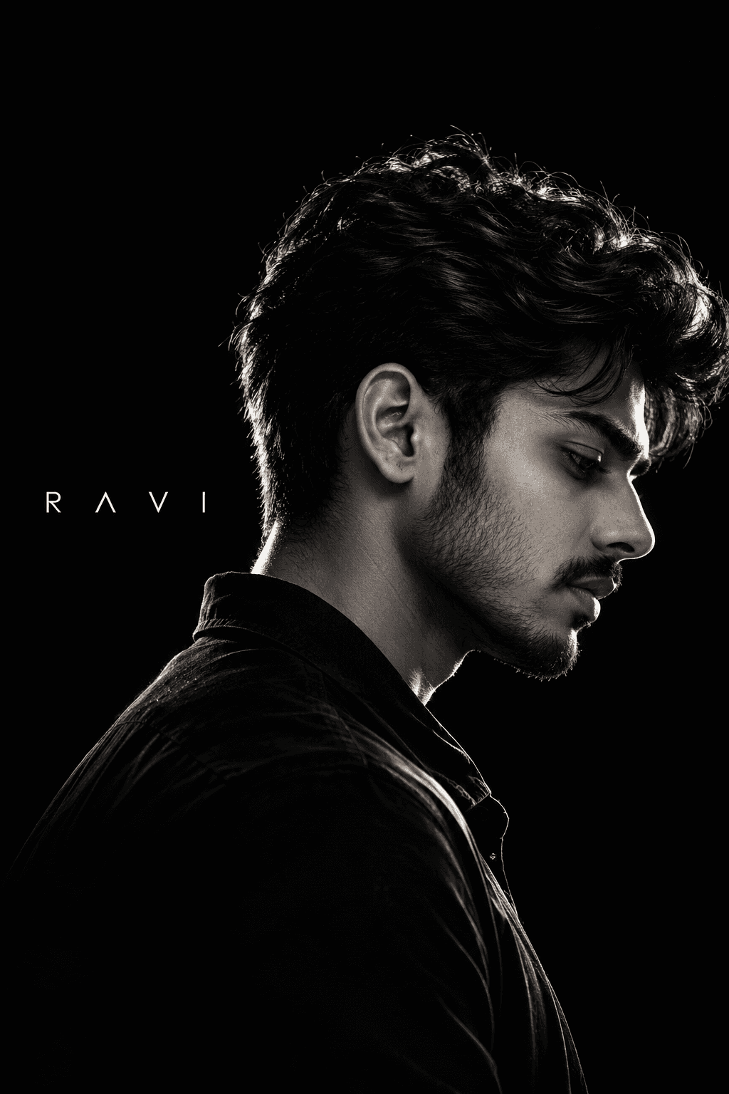 Black White Ravi Poster: The portrait has a slightly different profile, hair texture, and silver rim lighting, while keeping the black background and R A V I title.