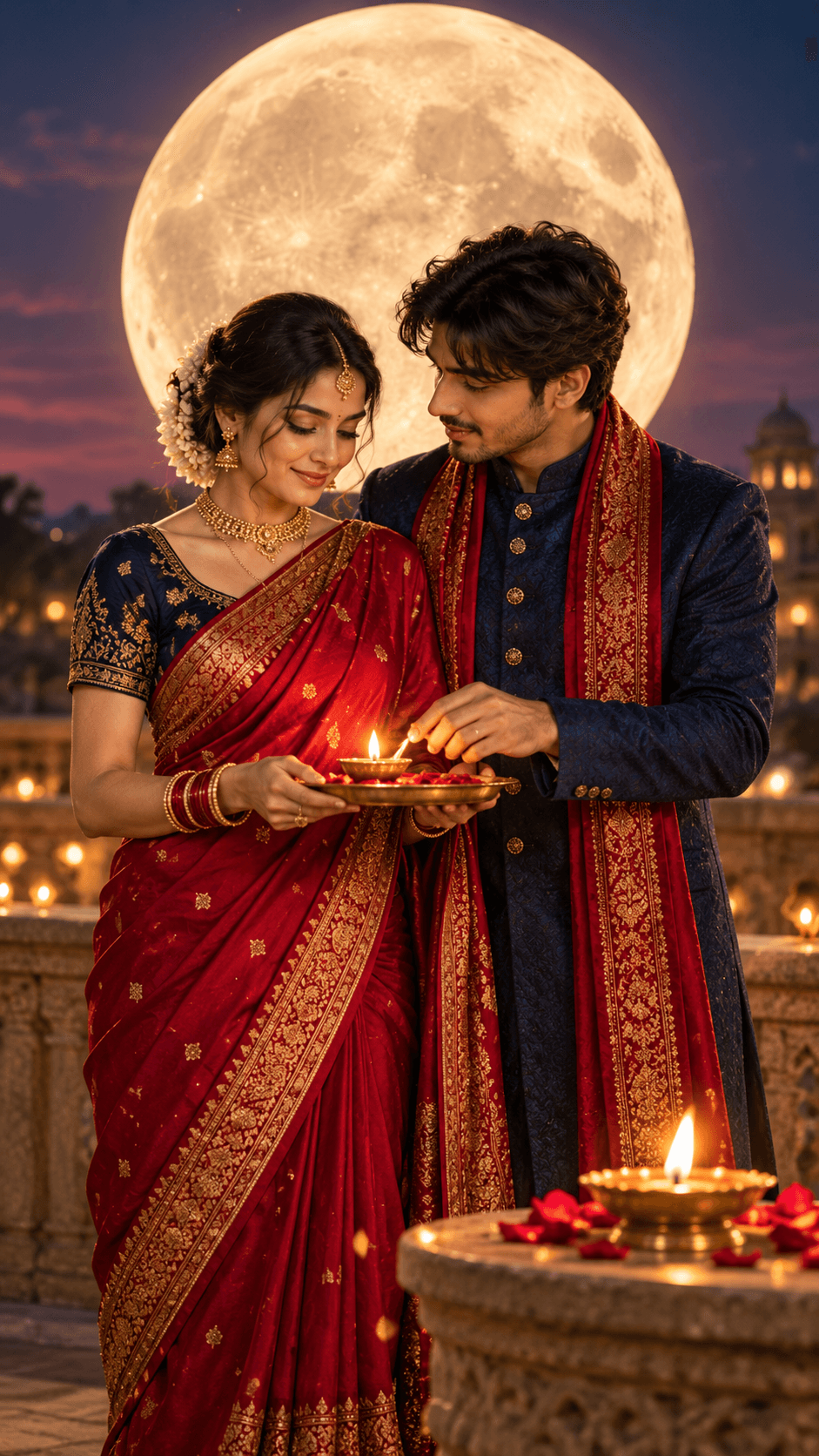 Couple in traditional red and navy Indian outfits holding a brass diya beneath a giant glowing full moon.