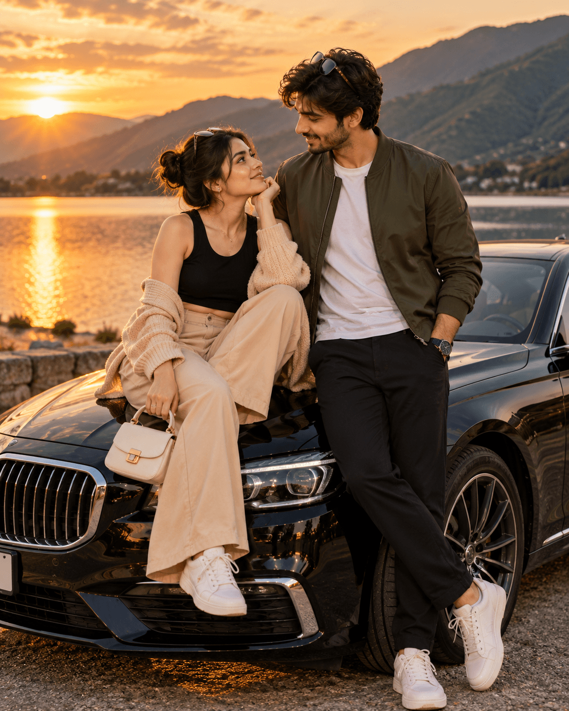 Romantic couple posing beside a black luxury sedan near a lake at golden hour, with mountains and warm sunset reflections.