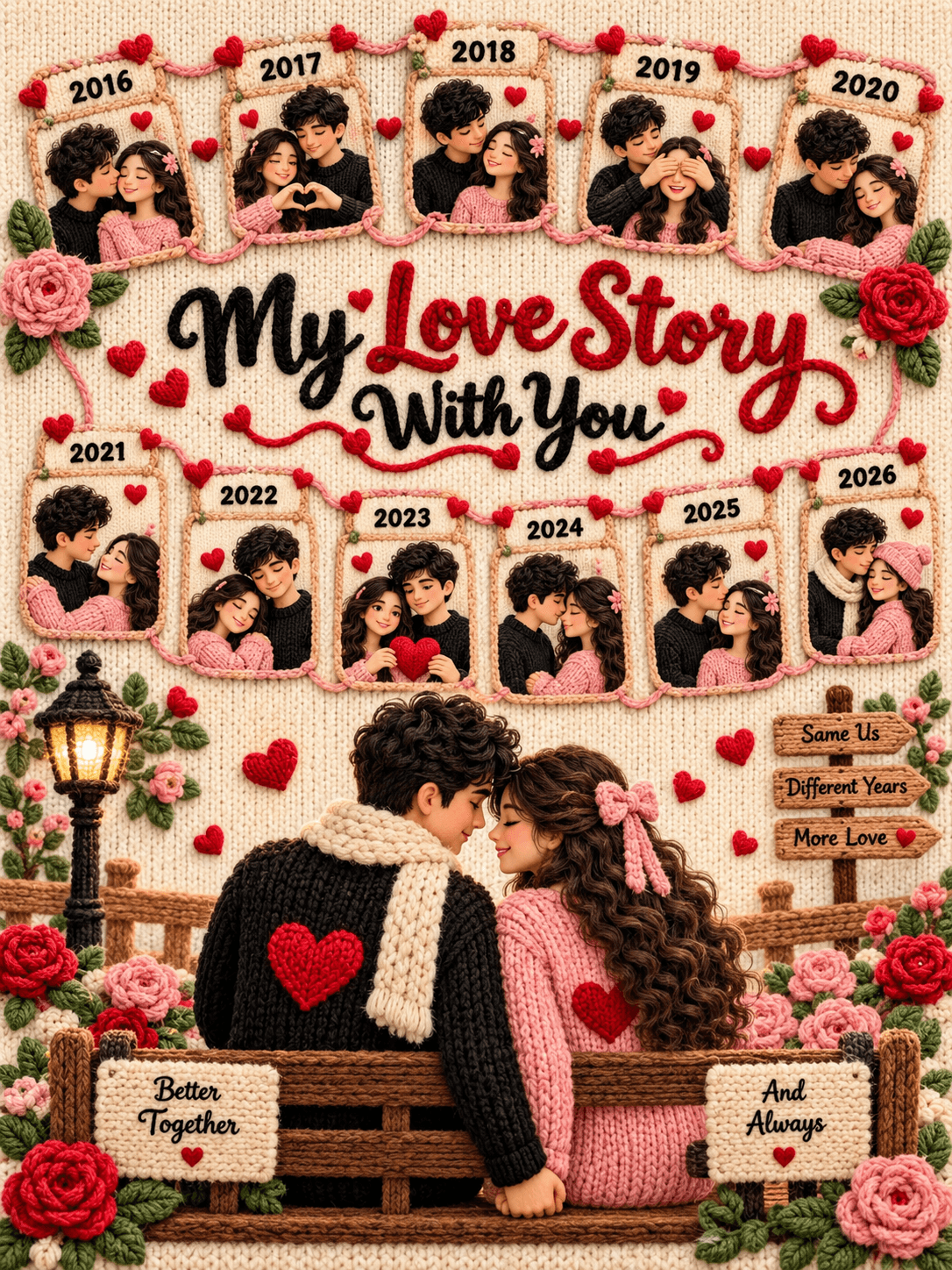 Knitted-wool couple love story poster with black and pink outfits, red yarn hearts, handmade flowers and a 2016–2026 timeline.