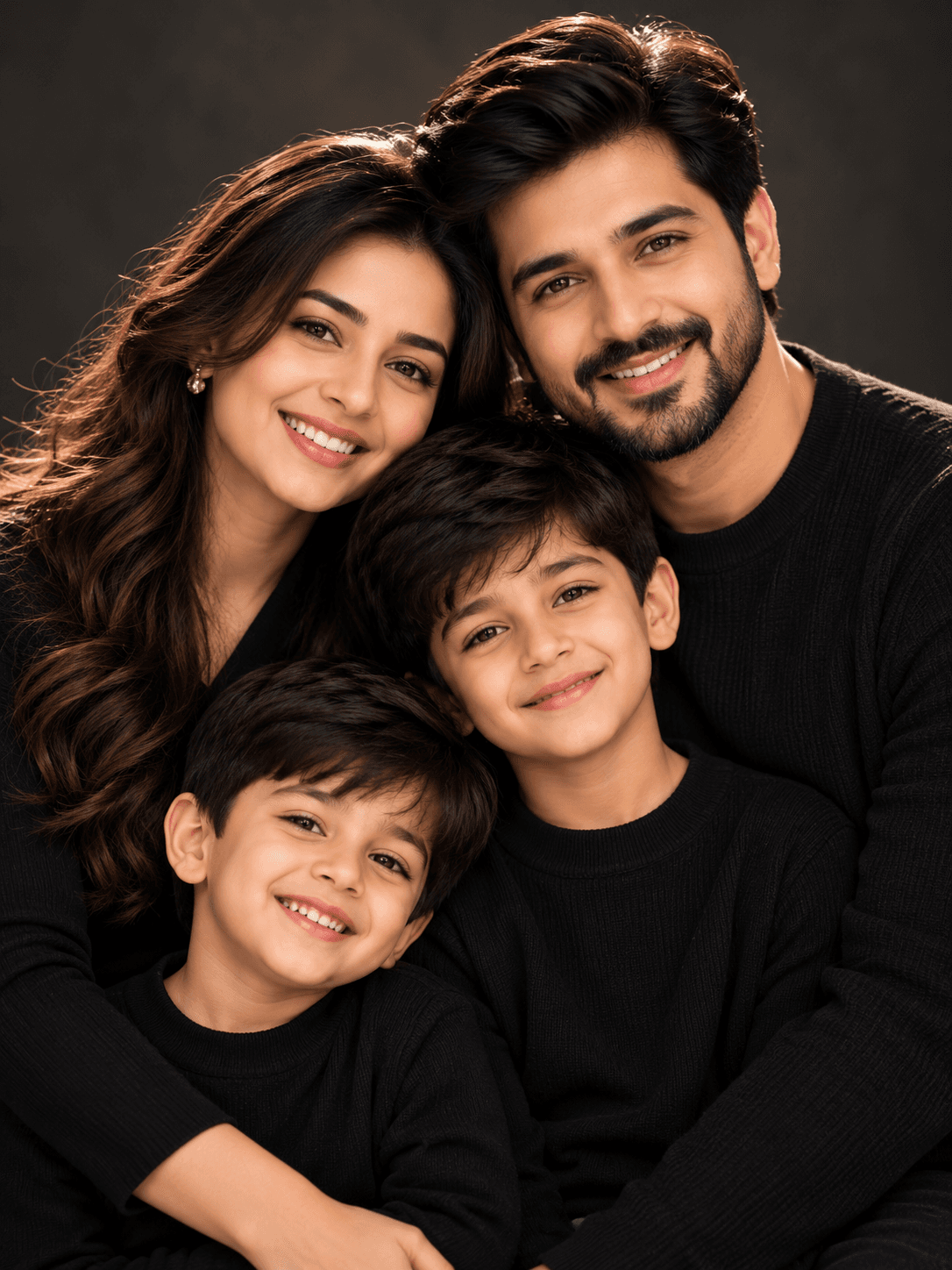 Family of four in coordinated black tops, smiling close together in a softly lit studio portrait against a dark background.