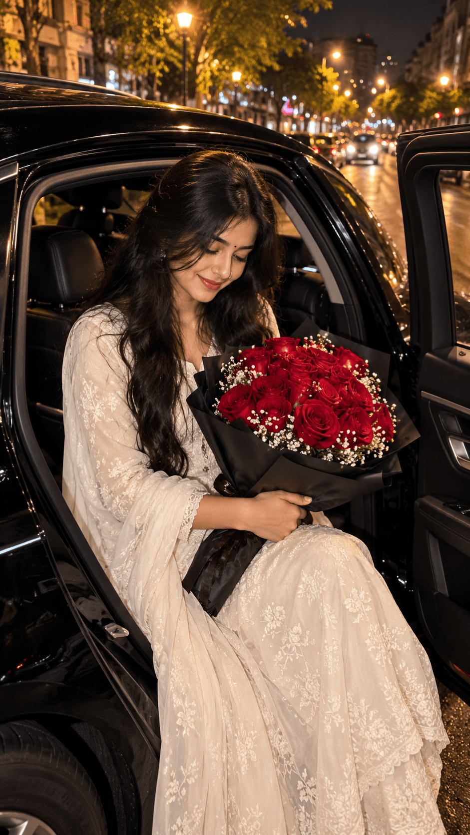 Woman in a white embroidered outfit holding red roses beside an open black luxury car on a city street at night.