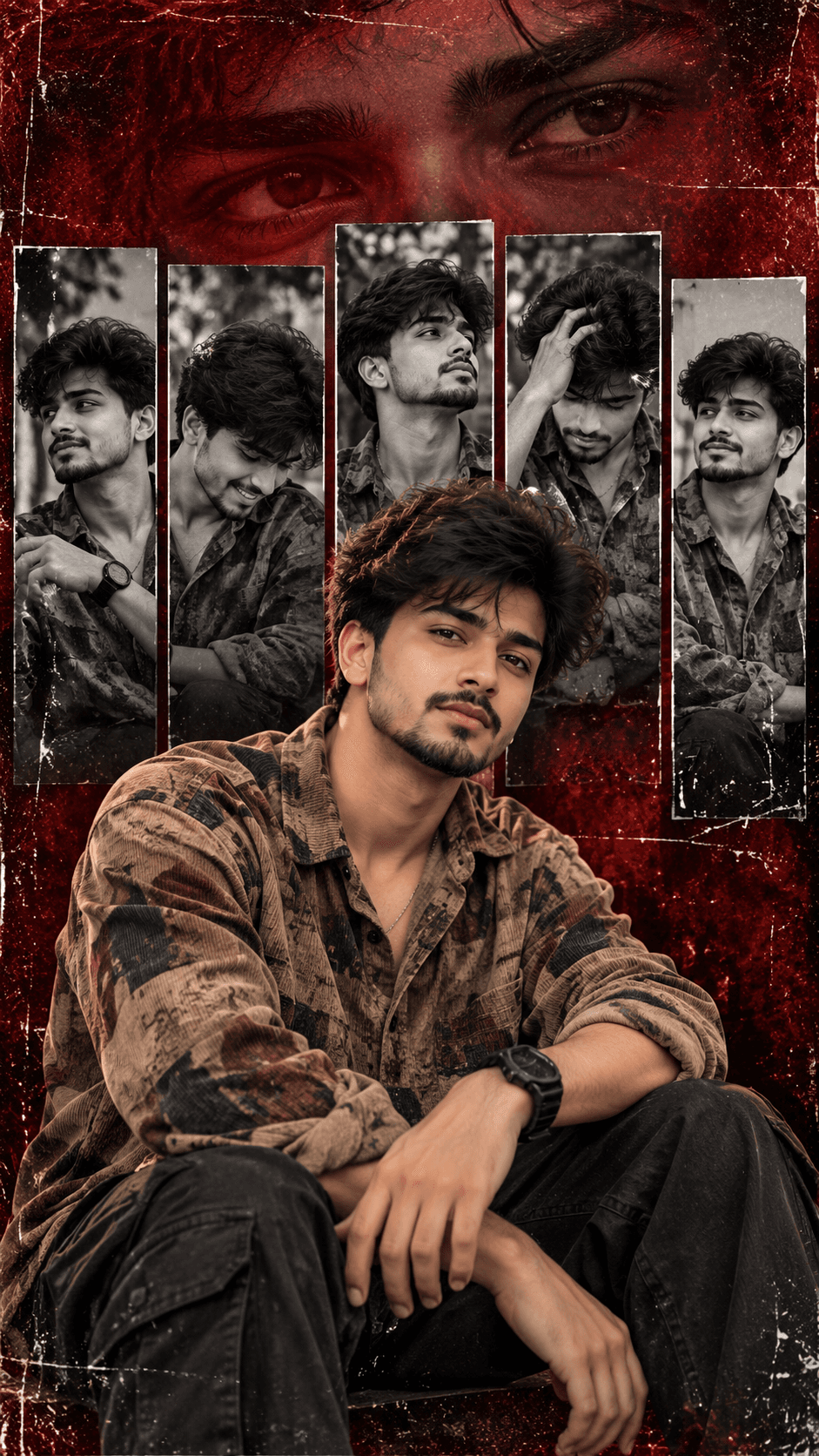 Cinematic portrait collage with a central man in earthy clothing, monochrome photo strips, an eye overlay and a distressed crimson background.