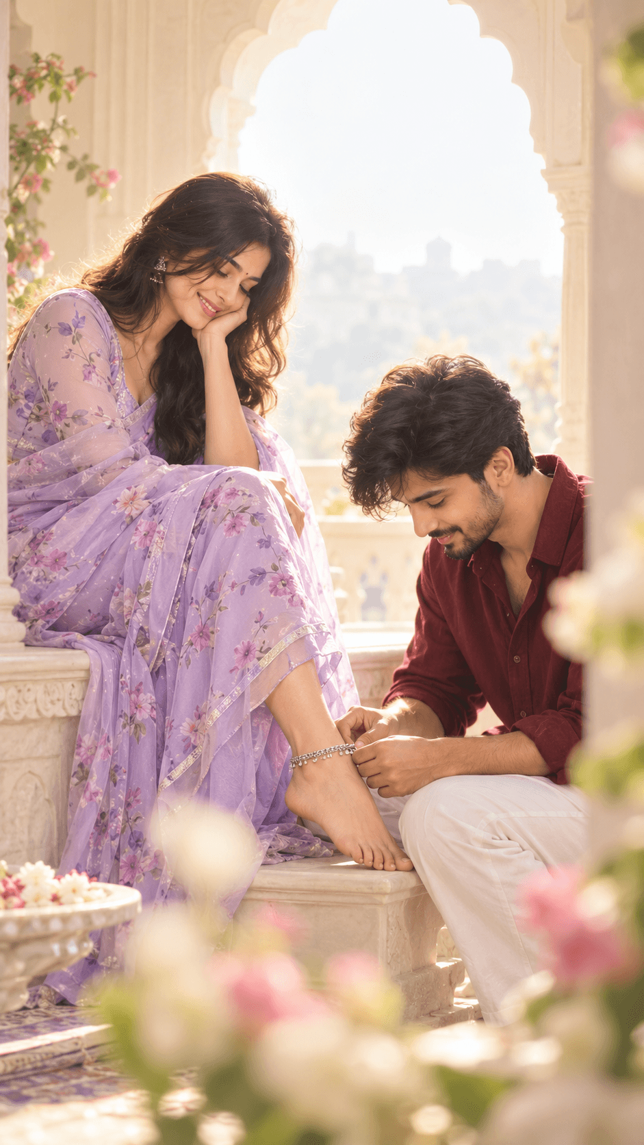 Man in a burgundy shirt placing a silver anklet on a woman wearing a lavender floral saree in a bright arched interior.