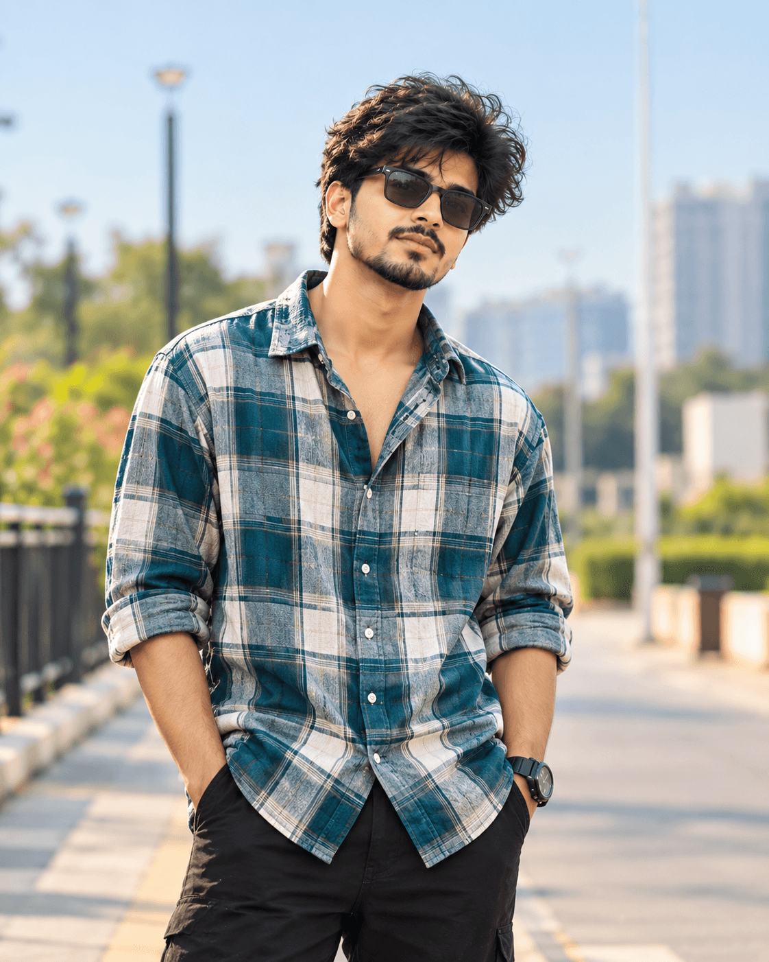 Young man in a teal-blue plaid shirt, black trousers and sunglasses posing on an outdoor walkway with a blurred urban background.