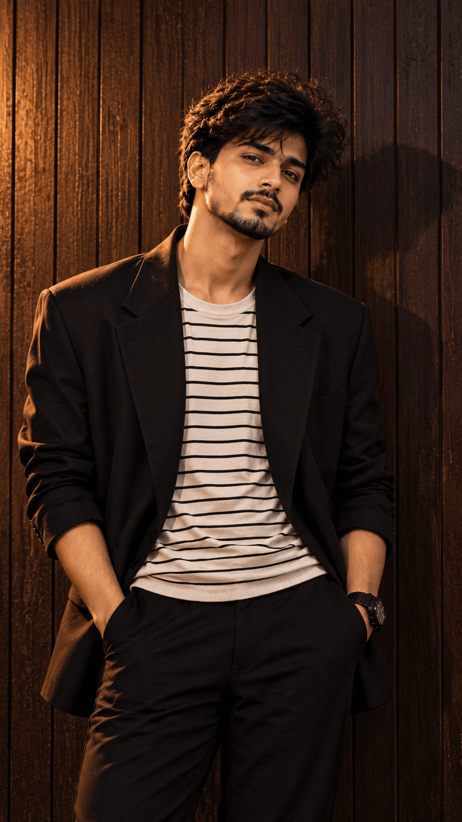 Young man in a black blazer and cream striped T-shirt standing against a dark wooden wall with warm cinematic side lighting.