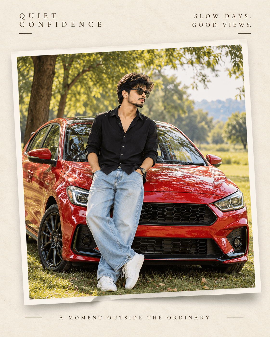 Man in a black shirt, blue jeans and sunglasses leaning against a red sporty hatchback in a green park, styled as an editorial poster.