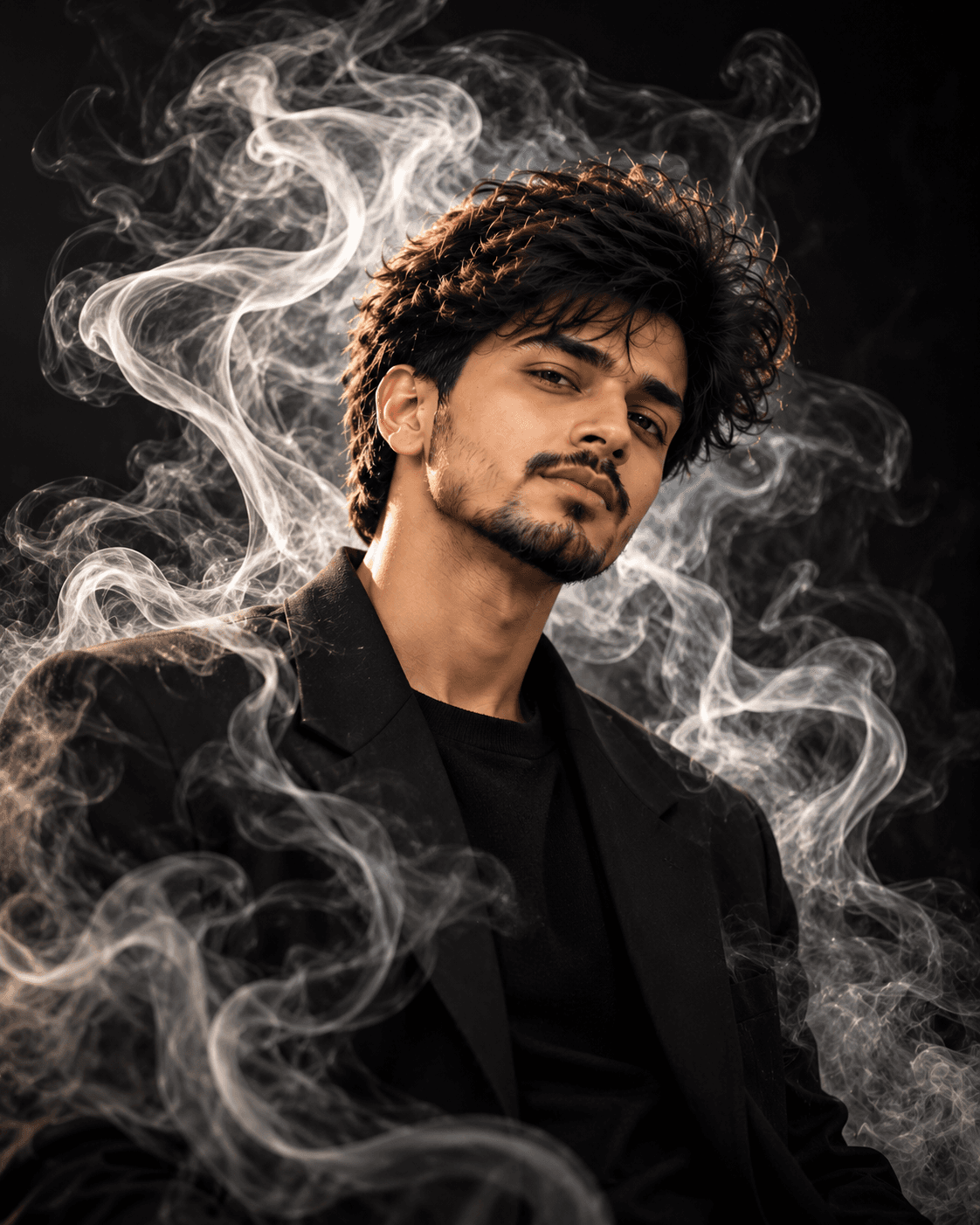 Adult man in black clothing surrounded by intricate white and silver smoke against a dark studio background.
