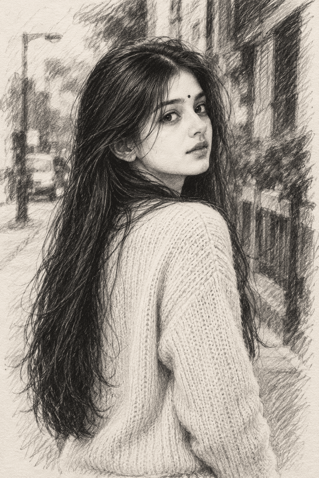 Woman looking over her shoulder in a knitted sweater, with long dark hair, a bindi and graphite pencil shading.