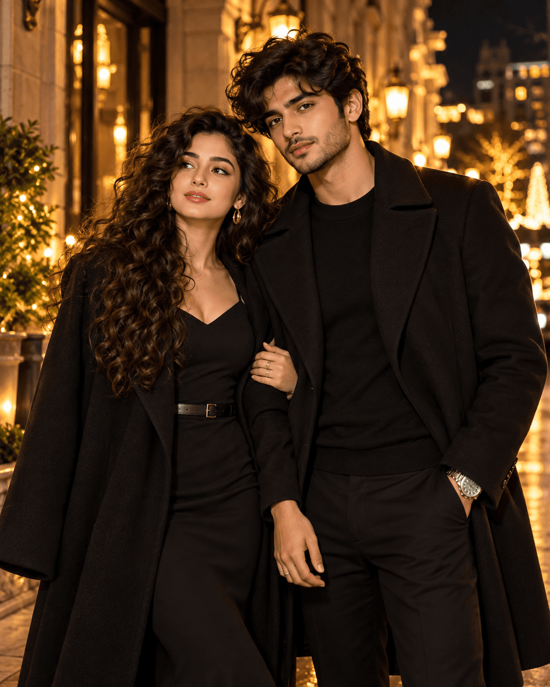 Stylish couple in elegant black outfits standing together on a luxury city street at night with warm golden lights.