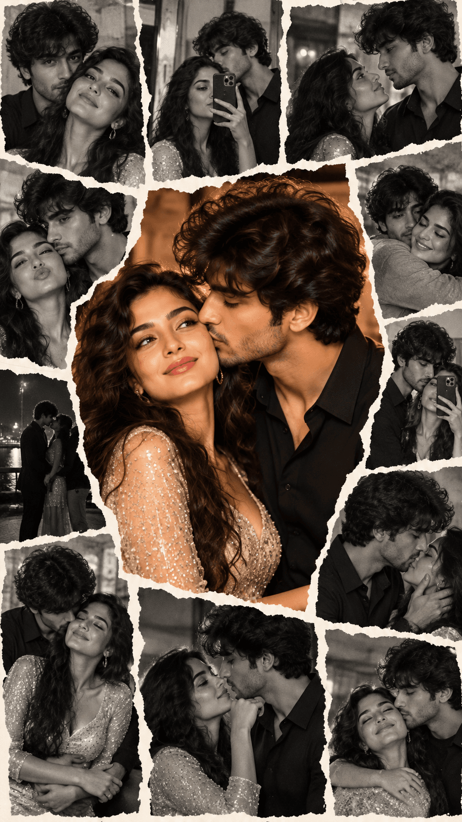 Romantic couple collage with a central colour kissing photo, surrounded by black-and-white snapshots and torn white paper borders.