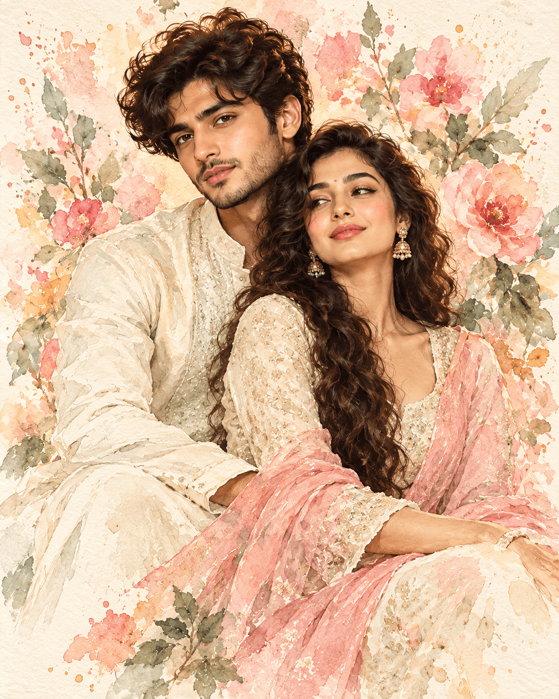 Indian couple in ivory traditional outfits painted in watercolor, with a blush-pink dupatta and soft floral background.