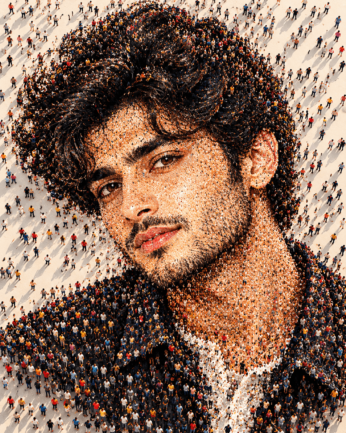 Surreal human crowd portrait showing a man's face, hair and clothing formed from thousands of tiny people viewed from above.