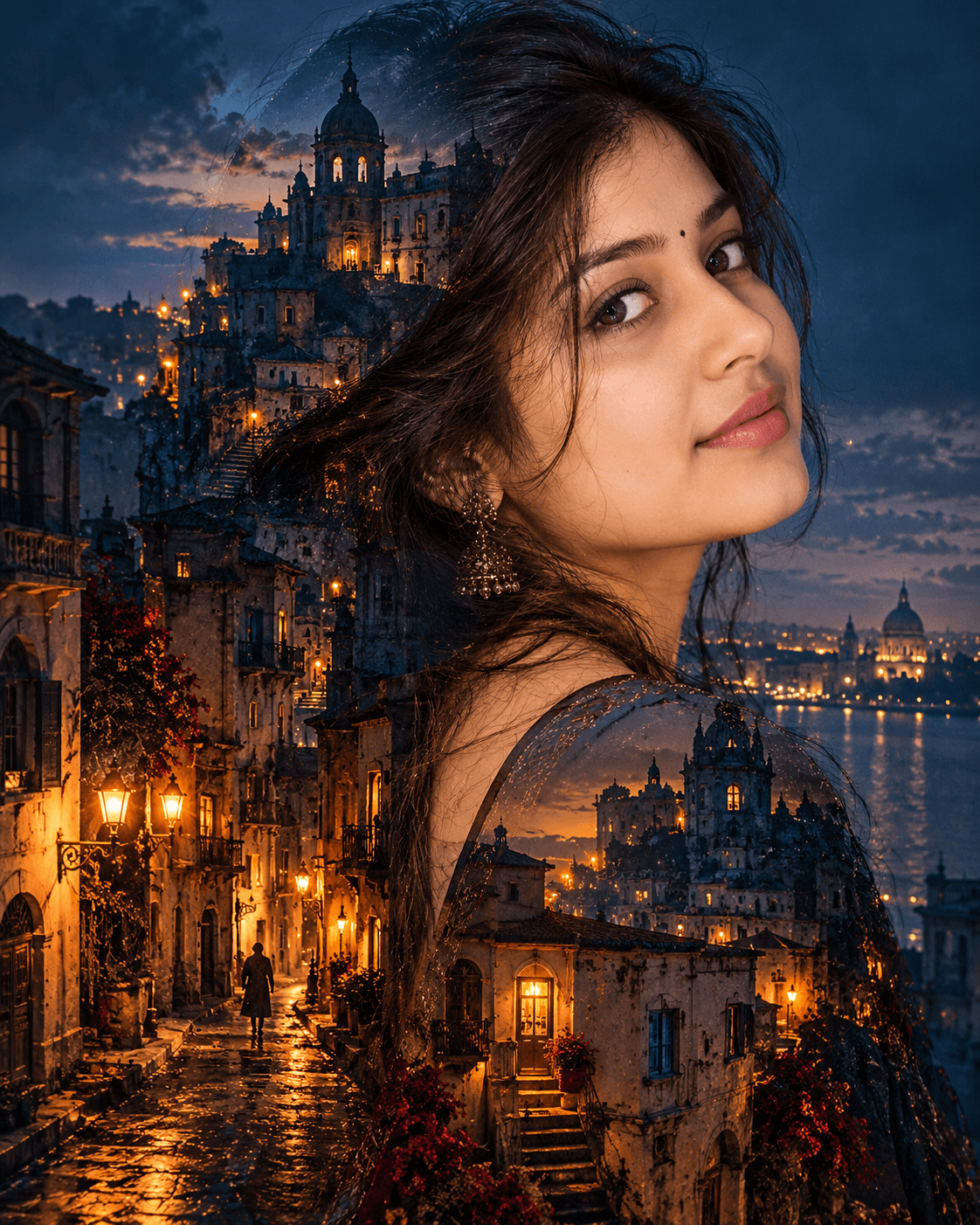 Woman's close-up portrait blended with historic night streets, antique windows and amber lights in a midnight-blue double exposure.