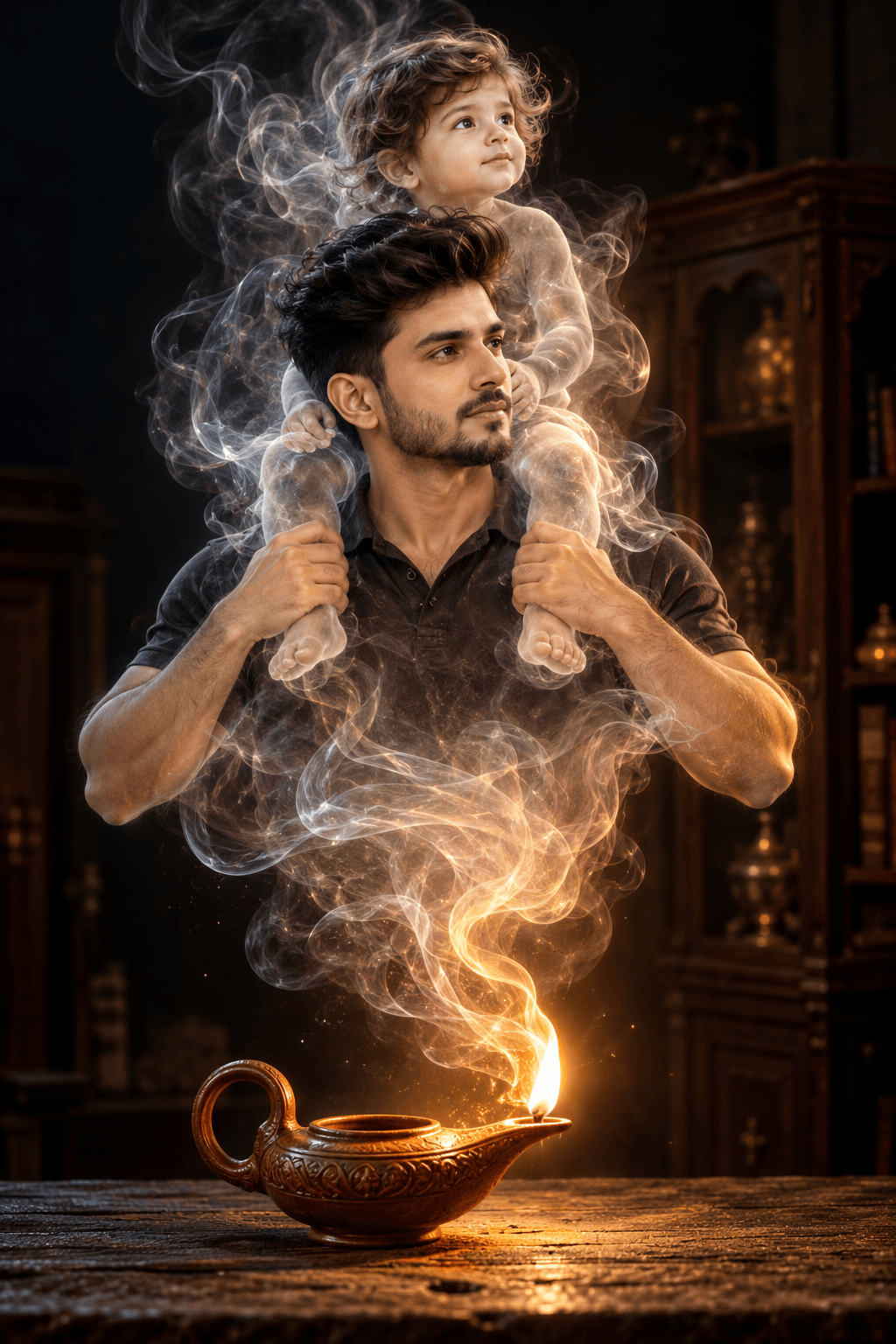 A father holding a toddler on his shoulders emerges from swirling smoke above a glowing terracotta diya in a dark studio
