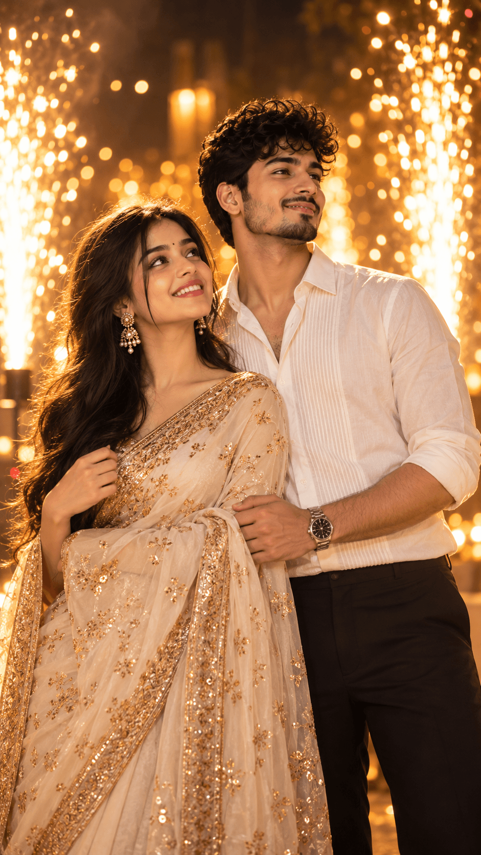 Smiling Indian couple in an off-white embroidered outfit and white shirt standing together under glowing golden sparklers at night.